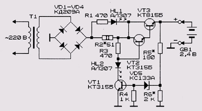 Схема усовершенствованного зарядного устройства для Ni-Cd аккумуляторов