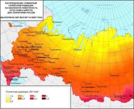 Карта инсоляции – потока солнечной радиации России