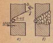 Рис. 114. Форма разделки кромок (а) и порядок выполнения слоев шва (б) при полуавтоматической сварке