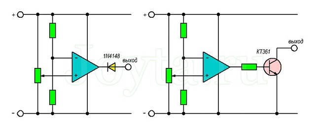 Операционный Усилитель (ОУ) может быть использован в качестве Компаратора напряжения, если к выходу ОУ подключить диод или транзистор